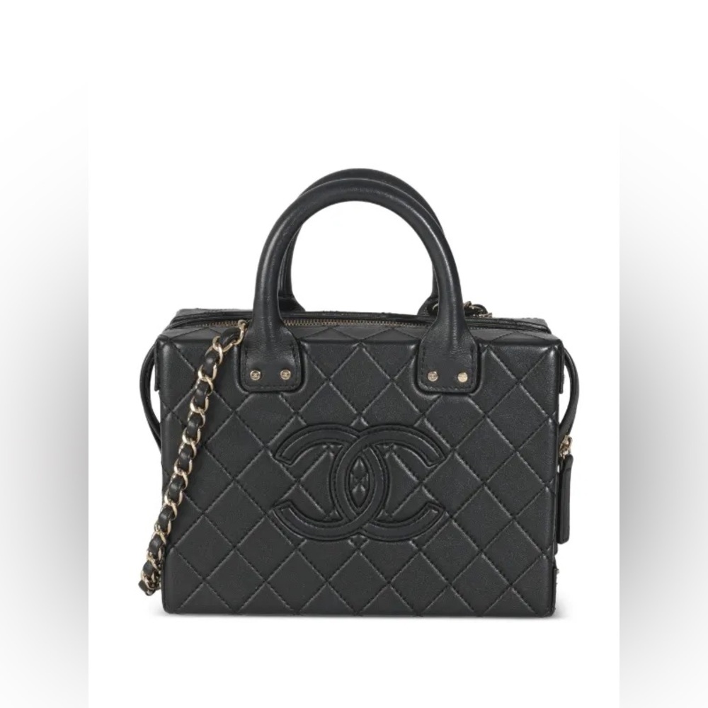 CHANEL Calfskin Quilted Studded Square Vanity Case i